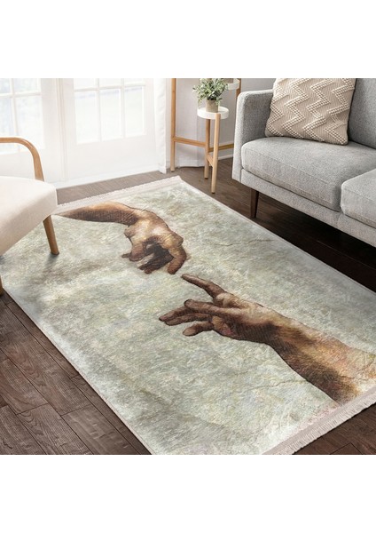 Adem'in Yaratılışı Zeminde Yağlıboya Motifli Michelangelo Isa'nın Dokunuşu Tablo Desenli Vintage Sade & Şık Salon & Oturma Odası Dış Mekan & Outdoor Dijital Baskılı Makinede Kaymaz Taban Saçaklı Halı