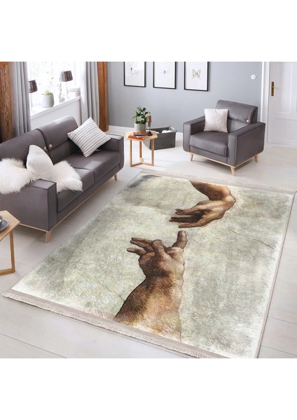 Adem'in Yaratılışı Zeminde Yağlıboya Motifli Michelangelo Isa'nın Dokunuşu Tablo Desenli Vintage Sade & Şık Salon & Oturma Odası Dış Mekan & Outdoor Dijital Baskılı Makinede Kaymaz Taban Saçaklı Halı fiyatları