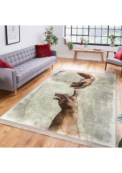Adem'in Yaratılışı Zeminde Yağlıboya Motifli Michelangelo Isa'nın Dokunuşu Tablo Desenli Vintage Sade & Şık Salon & Oturma Odası Dış Mekan & Outdoor Dijital Baskılı Makinede Kaymaz Taban Saçaklı Halı modelleri