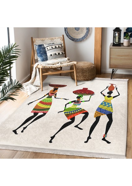 Beyaz Zeminde Afrika Kadın Motifli Etnik Desenli Etnik Motifler Klasik Dış Mekan & Outdoor Balkon Dijital Baskılı Makinede Yıkanabilir Kaymaz Taban Saçaklı Halı