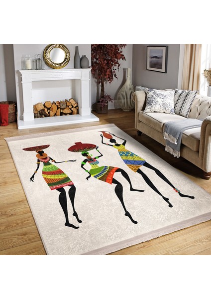 Beyaz Zeminde Afrika Kadın Motifli Etnik Desenli Etnik Motifler Klasik Dış Mekan & Outdoor Balkon Dijital Baskılı Makinede Yıkanabilir Kaymaz Taban Saçaklı Halı fiyatları