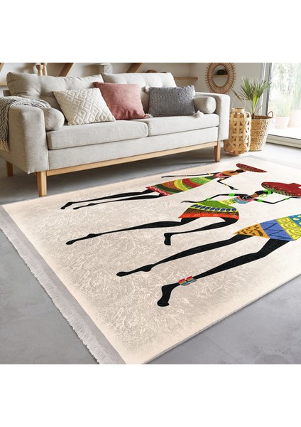 Beyaz Zeminde Afrika Kadın Motifli Etnik Desenli Etnik Motifler Klasik Dış Mekan & Outdoor Balkon Dijital Baskılı Makinede Yıkanabilir Kaymaz Taban Saçaklı Halı modelleri