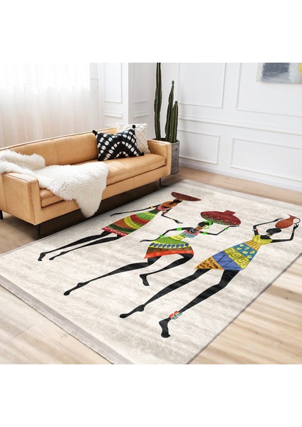 Beyaz Zeminde Afrika Kadın Motifli Etnik Desenli Etnik Motifler Klasik Dış Mekan & Outdoor Balkon Dijital Baskılı Makinede Yıkanabilir Kaymaz Taban Saçaklı Halı indirimleri
