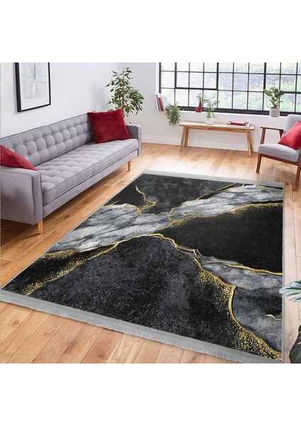 Gold - Siyah Zeminde Mermer Motifli Kanvas Desenli Modern Sade & Şık Ofis Banyo Dijital Baskılı Makinede Yıkanabilir Kaymaz Taban Saçaklı Halı