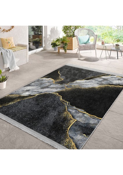 Gold - Siyah Zeminde Mermer Motifli Kanvas Desenli Modern Sade & Şık Ofis Banyo Dijital Baskılı Makinede Yıkanabilir Kaymaz Taban Saçaklı Halı fiyatları