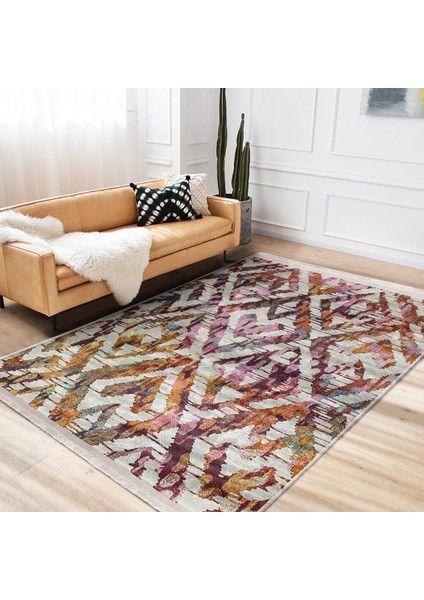 Krem Zeminde Ikat Motifli Etnik Desenli Geometrik Eskitme Motifli Koridor & Antre Dış Mekan & Outdoor Dijital Baskılı Makinede Yıkanabilir Kaymaz Taban Saçaklı Halı modelleri