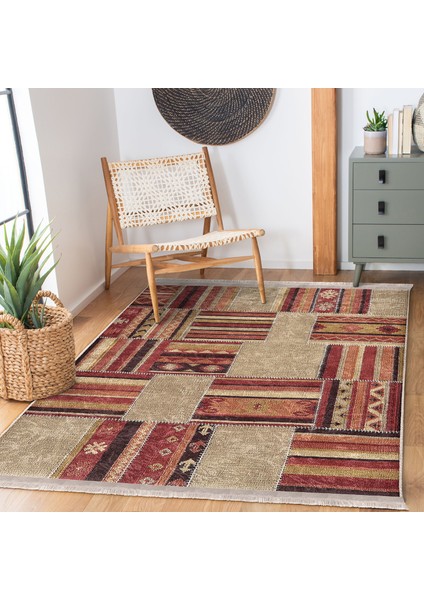 Krem - Kahverengi Zeminde Patchwork Motifli Etnik Desenli Etnik Motifler Vintage Salon & Oturma Odası Koridor & Antre Dijital Baskılı Makinede Yıkanabilir Kaymaz Taban Saçaklı Halı