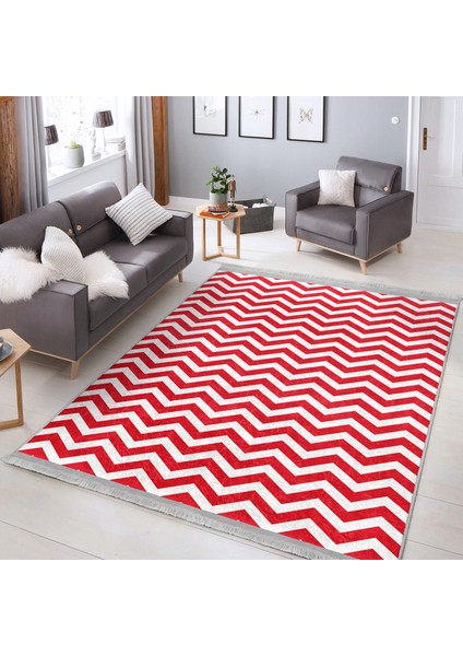 Kırmızı Zeminde Geometrik Motifli Zikzak Desenli Geometrik Sade & Şık Koridor & Antre Çocuk & Genç Odası Dijital Baskılı Makinede Yıkanabilir Kaymaz Taban Saçaklı Halı
