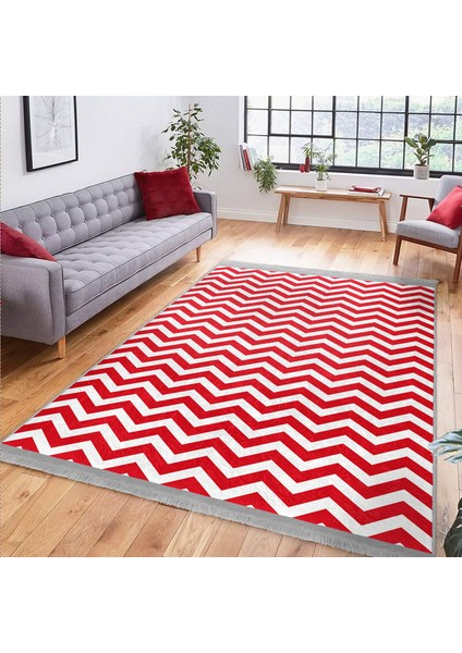Kırmızı Zeminde Geometrik Motifli Zikzak Desenli Geometrik Sade & Şık Koridor & Antre Çocuk & Genç Odası Dijital Baskılı Makinede Yıkanabilir Kaymaz Taban Saçaklı Halı fiyatları