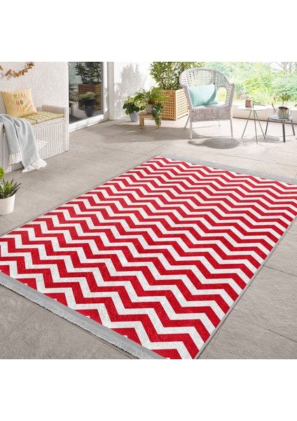 Kırmızı Zeminde Geometrik Motifli Zikzak Desenli Geometrik Sade & Şık Koridor & Antre Çocuk & Genç Odası Dijital Baskılı Makinede Yıkanabilir Kaymaz Taban Saçaklı Halı modelleri