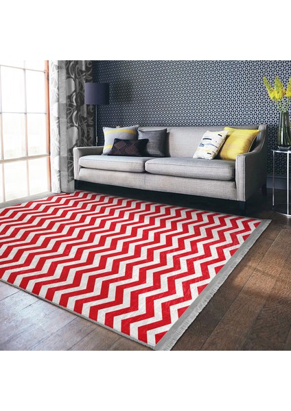 Kırmızı Zeminde Geometrik Motifli Zikzak Desenli Geometrik Sade & Şık Koridor & Antre Çocuk & Genç Odası Dijital Baskılı Makinede Yıkanabilir Kaymaz Taban Saçaklı Halı indirimleri