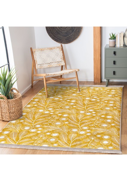 Sarı Zeminde Çiçek ve Yaprak Motifli Floral Desenli Floral Klasik Koridor & Antre Mutfak Dijital Baskılı Makinede Yıkanabilir Kaymaz Taban Saçaklı Halı