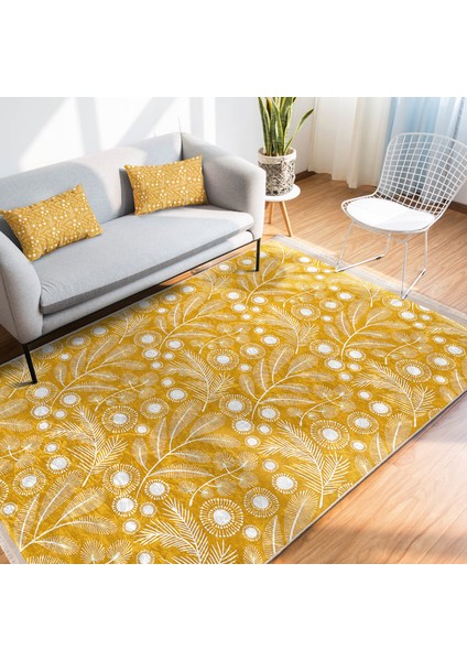 Sarı Zeminde Çiçek ve Yaprak Motifli Floral Desenli Floral Klasik Koridor & Antre Mutfak Dijital Baskılı Makinede Yıkanabilir Kaymaz Taban Saçaklı Halı