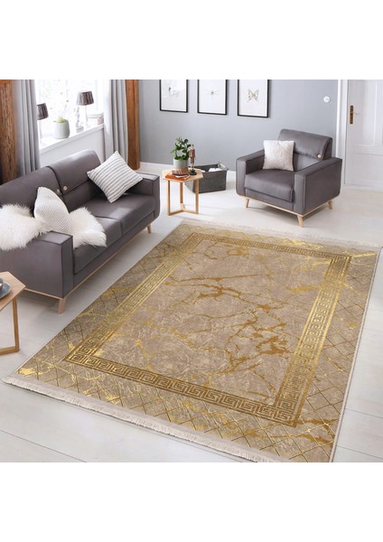 Gold Zeminde Çerçeveli Motifli Geleneksel Desenli Geometrik Klasik Salon & Oturma Odası Yatak Odası Dijital Baskılı Makinede Yıkanabilir Kaymaz Taban Saçaklı Halı