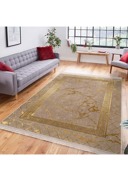 Gold Zeminde Çerçeveli Motifli Geleneksel Desenli Geometrik Klasik Salon & Oturma Odası Yatak Odası Dijital Baskılı Makinede Yıkanabilir Kaymaz Taban Saçaklı Halı fiyatları
