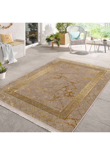 Gold Zeminde Çerçeveli Motifli Geleneksel Desenli Geometrik Klasik Salon & Oturma Odası Yatak Odası Dijital Baskılı Makinede Yıkanabilir Kaymaz Taban Saçaklı Halı modelleri