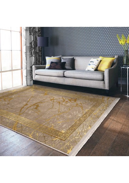 Gold Zeminde Çerçeveli Motifli Geleneksel Desenli Geometrik Klasik Salon & Oturma Odası Yatak Odası Dijital Baskılı Makinede Yıkanabilir Kaymaz Taban Saçaklı Halı indirimleri