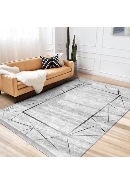 Gri Zeminde Çerçeveli Motifli Dokuma Halı Desenli Geometrik Sade & Şık Salon & Oturma Odası Mutfak Dijital Baskılı Makinede Yıkanabilir Kaymaz Taban Saçaklı Halı modelleri