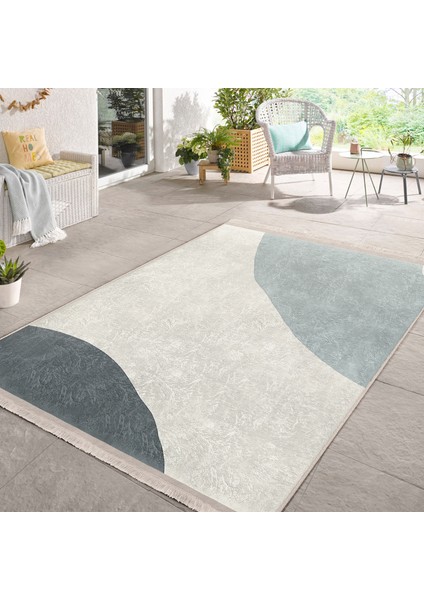 Ekru - Mavi Zeminde Kanvas Motifli Modern Sanat Desenli Bohem Klasik Salon & Oturma Odası Yatak Odası Dijital Baskılı Makinede Yıkanabilir Kaymaz Taban Saçaklı Halı