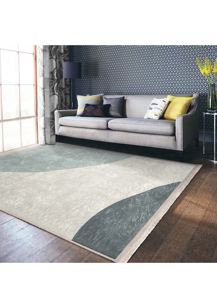 Ekru - Mavi Zeminde Kanvas Motifli Modern Sanat Desenli Bohem Klasik Salon & Oturma Odası Yatak Odası Dijital Baskılı Makinede Yıkanabilir Kaymaz Taban Saçaklı Halı fiyatları