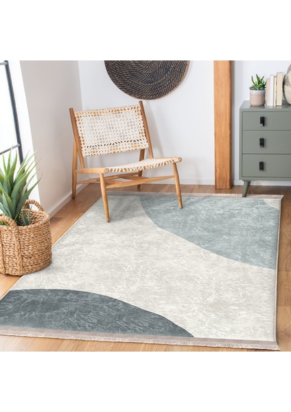 Ekru - Mavi Zeminde Kanvas Motifli Modern Sanat Desenli Bohem Klasik Salon & Oturma Odası Yatak Odası Dijital Baskılı Makinede Yıkanabilir Kaymaz Taban Saçaklı Halı modelleri