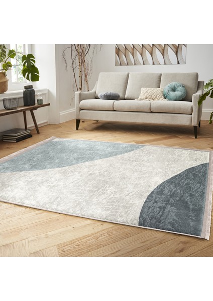 Ekru - Mavi Zeminde Kanvas Motifli Modern Sanat Desenli Bohem Klasik Salon & Oturma Odası Yatak Odası Dijital Baskılı Makinede Yıkanabilir Kaymaz Taban Saçaklı Halı indirimleri