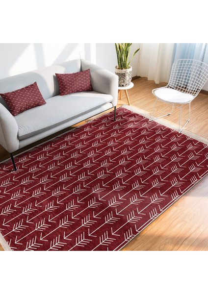 Bordo Zeminde Iskandinav Motifli Ok Desenli Geometrik Sade & Şık Koridor & Antre Banyo Dijital Baskılı Makinede Yıkanabilir Kaymaz Taban Saçaklı Halı