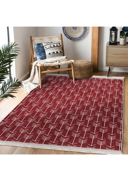 Bordo Zeminde Iskandinav Motifli Ok Desenli Geometrik Sade & Şık Koridor & Antre Banyo Dijital Baskılı Makinede Yıkanabilir Kaymaz Taban Saçaklı Halı fiyatları