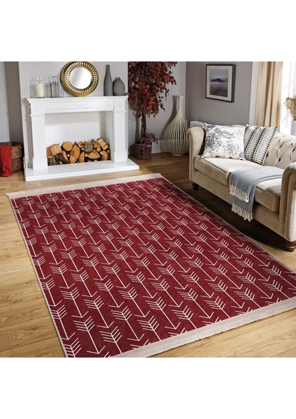 Bordo Zeminde Iskandinav Motifli Ok Desenli Geometrik Sade & Şık Koridor & Antre Banyo Dijital Baskılı Makinede Yıkanabilir Kaymaz Taban Saçaklı Halı modelleri