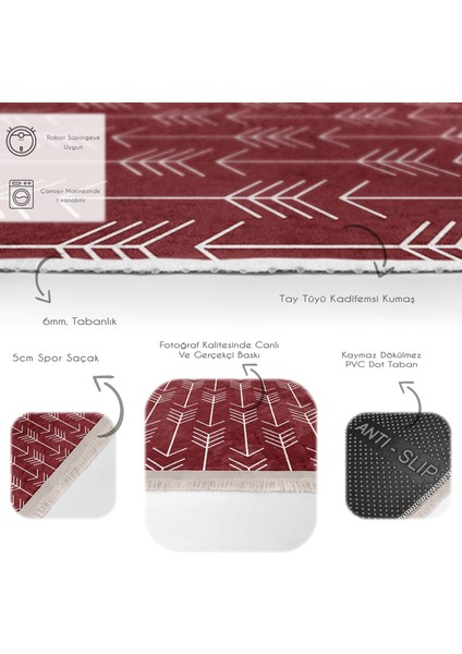 Bordo Zeminde Iskandinav Motifli Ok Desenli Geometrik Sade & Şık Koridor & Antre Banyo Dijital Baskılı Makinede Yıkanabilir Kaymaz Taban Saçaklı Halı fırsatları