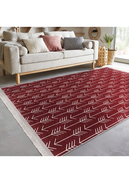 Bordo Zeminde Iskandinav Motifli Ok Desenli Geometrik Sade & Şık Koridor & Antre Banyo Dijital Baskılı Makinede Yıkanabilir Kaymaz Taban Saçaklı Halı indirimleri