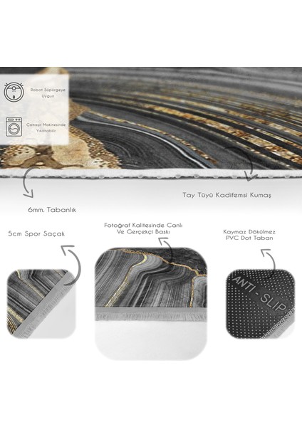 Gold - Siyah Zeminde Mermer Motifli Modern Sanat Desenli Sade & Şık Klasik Banyo Balkon Dijital Baskılı Makinede Yıkanabilir Kaymaz Taban Saçaklı Halı fırsatları