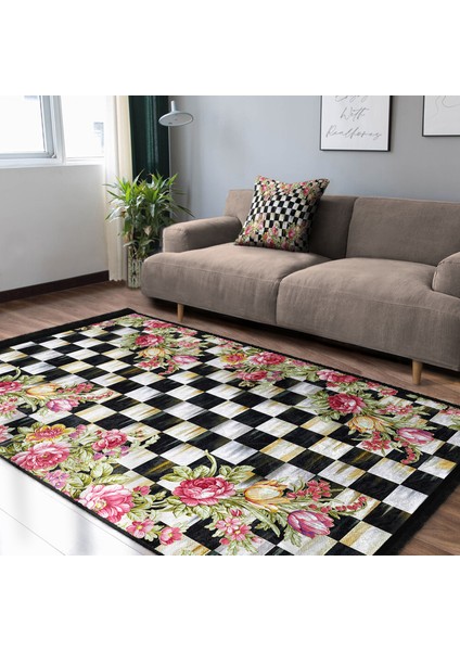 Damalı Zeminde Damask Motifli Çiçek Desenli Floral Geometrik Koridor & Antre Mutfak Dijital Baskılı Makinede Yıkanabilir Kaymaz Taban Saçaklı Halı