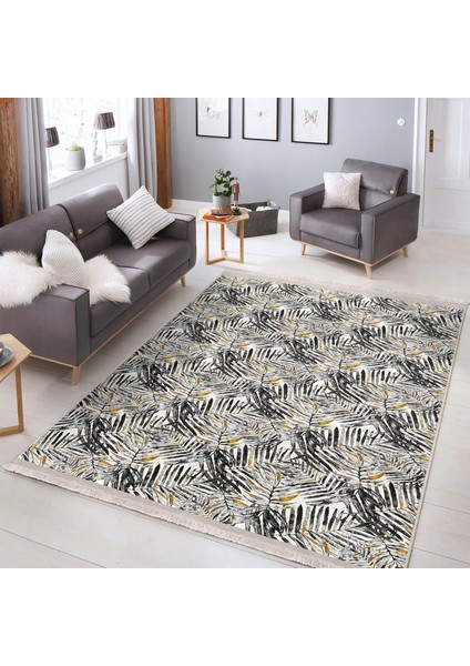 Siyah - Gri Zeminde Tropik Motifli Yaprak Desenli Floral Klasik Salon & Oturma Odası Dış Mekan & Outdoor Dijital Baskılı Makinede Yıkanabilir Kaymaz Taban Saçaklı Halı