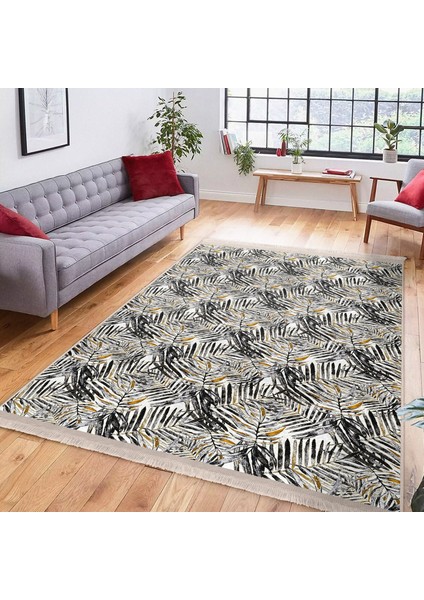 Siyah - Gri Zeminde Tropik Motifli Yaprak Desenli Floral Klasik Salon & Oturma Odası Dış Mekan & Outdoor Dijital Baskılı Makinede Yıkanabilir Kaymaz Taban Saçaklı Halı