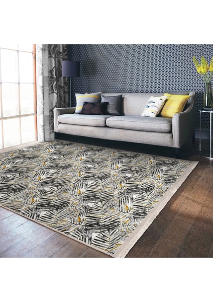 Siyah - Gri Zeminde Tropik Motifli Yaprak Desenli Floral Klasik Salon & Oturma Odası Dış Mekan & Outdoor Dijital Baskılı Makinede Yıkanabilir Kaymaz Taban Saçaklı Halı