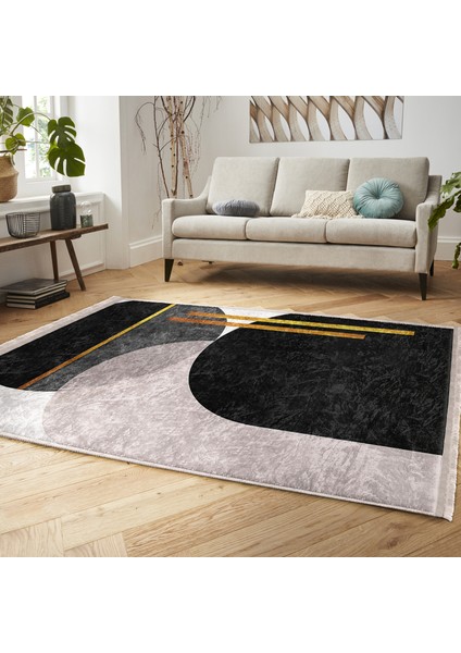 Siyah - Beyaz Zeminde Modern Motifli Boho Desenli Bohem Geometrik Mutfak Banyo Dijital Baskılı Makinede Yıkanabilir Kaymaz Taban Saçaklı Halı