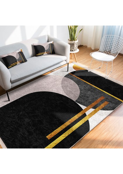 Siyah - Beyaz Zeminde Modern Motifli Boho Desenli Bohem Geometrik Mutfak Banyo Dijital Baskılı Makinede Yıkanabilir Kaymaz Taban Saçaklı Halı fiyatları