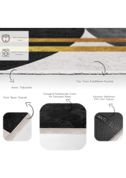 Siyah - Beyaz Zeminde Modern Motifli Boho Desenli Bohem Geometrik Mutfak Banyo Dijital Baskılı Makinede Yıkanabilir Kaymaz Taban Saçaklı Halı fırsatları
