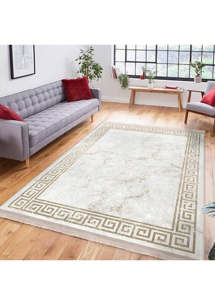 Gold Zeminde Çerçeveli Motifli Mermer Desenli Geometrik Klasik Salon & Oturma Odası Yatak Odası Dijital Baskılı Makinede Yıkanabilir Kaymaz Taban Saçaklı Halı fiyatları