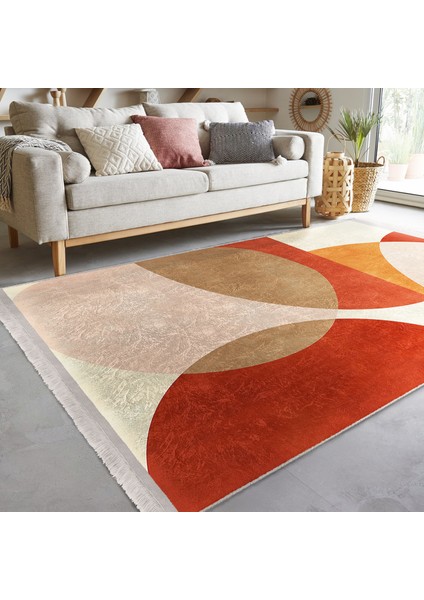 Turuncu - Krem Zeminde Abstract Motifli Tablo Desenli Bohem Modern Salon & Oturma Odası Yatak Odası Dijital Baskılı Makinede Yıkanabilir Kaymaz Taban Saçaklı Halı