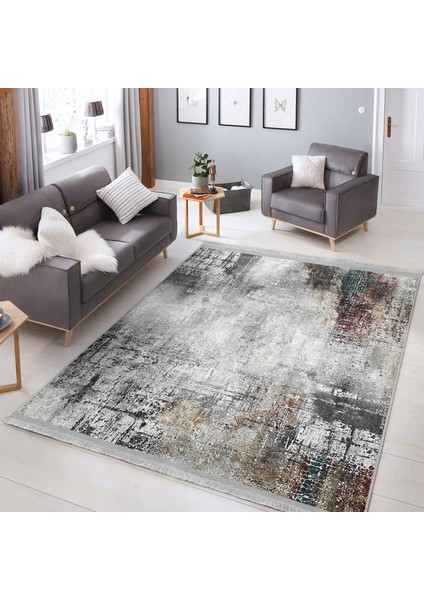 Gri Zeminde Eskitme Motifli Retro Desenli Eskitme Motifli Sade & Şık Salon & Oturma Odası Yatak Odası Dijital Baskılı Makinede Yıkanabilir Kaymaz Taban Saçaklı Halı