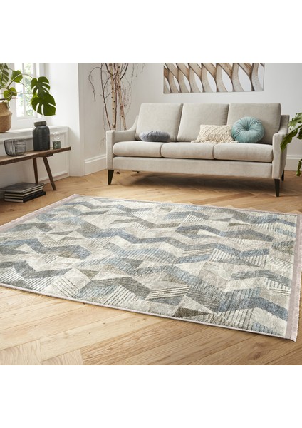 Bej Zeminde Geometrik Motifli Örgü Desenli Geometrik Sade & Şık Koridor & Antre Salon & Oturma Odası Dijital Baskılı Makinede Yıkanabilir Kaymaz Taban Saçaklı Halı