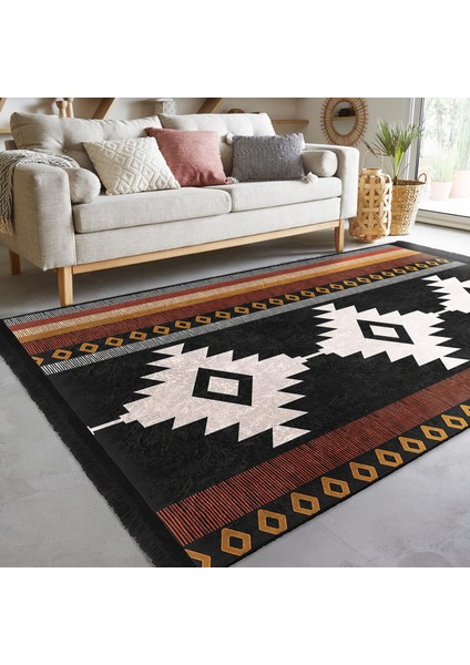 Siyah - Kahvernegi Zeminde Bohem Motifli Etnik Desenli Etnik Motifler Geometrik Salon & Oturma Odası Dış Mekan & Outdoor Dijital Baskılı Makinede Yıkanabilir Kaymaz Taban Saçaklı Halı