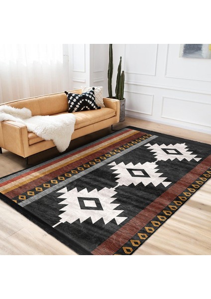 Siyah - Kahvernegi Zeminde Bohem Motifli Etnik Desenli Etnik Motifler Geometrik Salon & Oturma Odası Dış Mekan & Outdoor Dijital Baskılı Makinede Yıkanabilir Kaymaz Taban Saçaklı Halı fiyatları