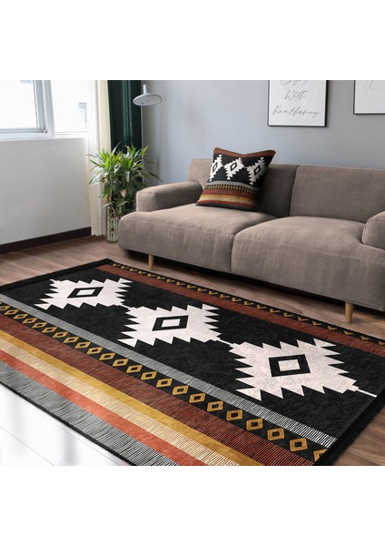 Siyah - Kahvernegi Zeminde Bohem Motifli Etnik Desenli Etnik Motifler Geometrik Salon & Oturma Odası Dış Mekan & Outdoor Dijital Baskılı Makinede Yıkanabilir Kaymaz Taban Saçaklı Halı modelleri