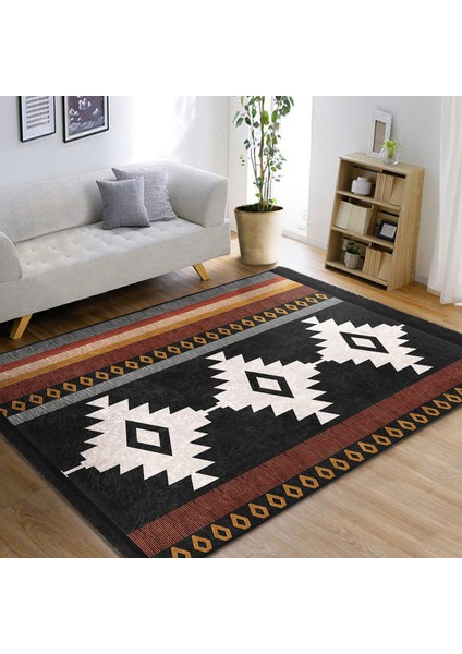 Siyah - Kahvernegi Zeminde Bohem Motifli Etnik Desenli Etnik Motifler Geometrik Salon & Oturma Odası Dış Mekan & Outdoor Dijital Baskılı Makinede Yıkanabilir Kaymaz Taban Saçaklı Halı indirimleri