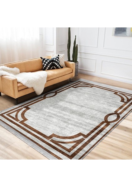 Kahverengi - Gri Zeminde Çerçeveli Motifli Klasik Desenli Vintage Geometrik Salon & Oturma Odası Yatak Odası Dijital Baskılı Makinede Yıkanabilir Kaymaz Taban Saçaklı Halı