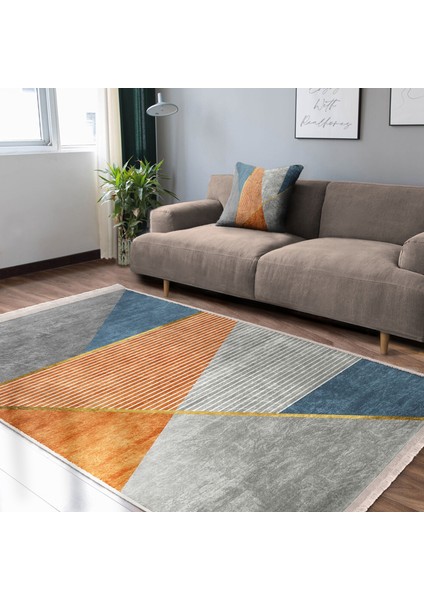 Gold - Turuncu Zeminde Çizgili Motifli Geometrik Desenli Geometrik Modern Salon & Oturma Odası Banyo Dijital Baskılı Makinede Yıkanabilir Kaymaz Taban Saçaklı Halı