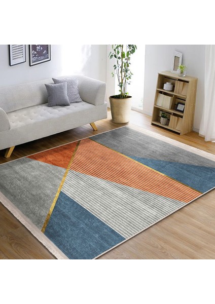 Gold - Turuncu Zeminde Çizgili Motifli Geometrik Desenli Geometrik Modern Salon & Oturma Odası Banyo Dijital Baskılı Makinede Yıkanabilir Kaymaz Taban Saçaklı Halı